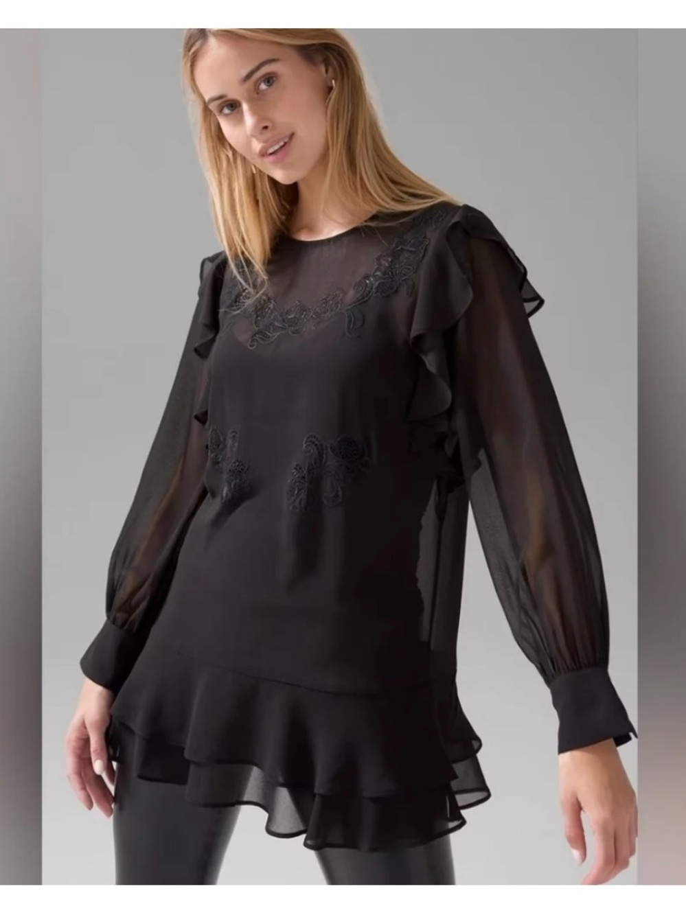 White House Black Market Sheer Appliqué Tunic Top Size 8